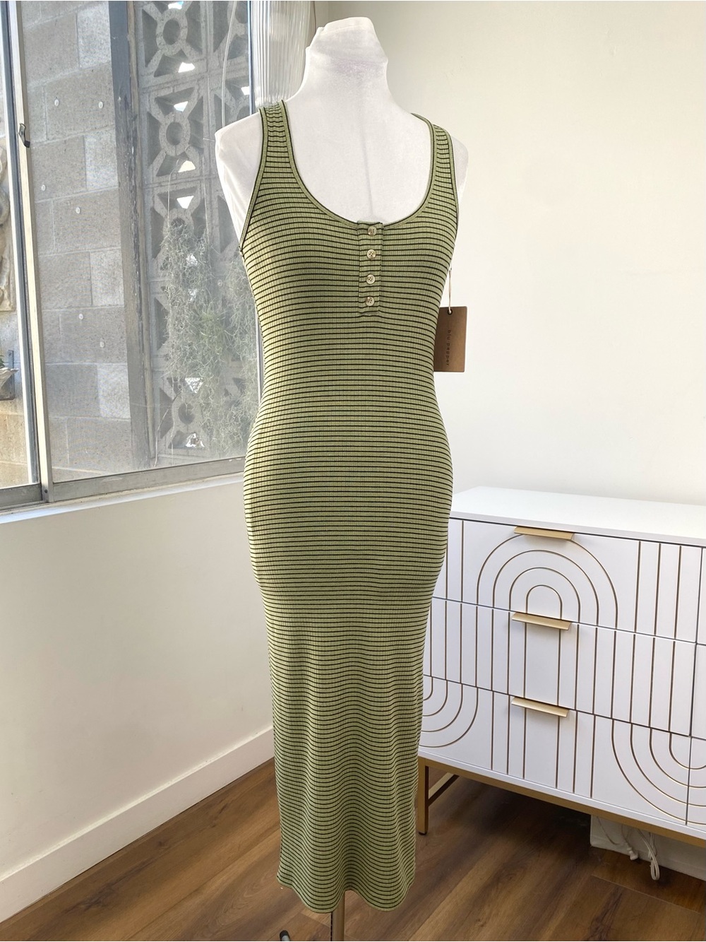 The Workshop NWT Ribbed Henley Striped Maxi Dress in Olive Black, Size S - Picture 2 of 9